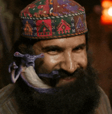 a man with a beard wearing a colorful hat with a purple monster on his head