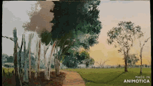 a painting of trees and a path with the words made in animotica at the bottom
