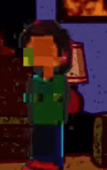 a pixel art of a man in a green shirt standing in a room .