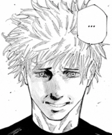 a black and white drawing of a man 's face with a speech bubble above his head