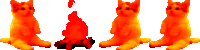 four orange cats are sitting next to each other with a fire in the background