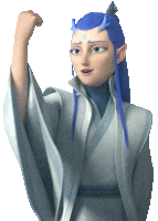 a cartoon character with blue hair and horns is raising his fist