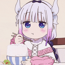 a girl with horns is holding chopsticks over a bowl of rice