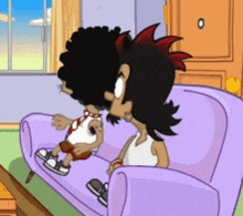 a cartoon of two people sitting on a couch with the number 0 on the door behind them