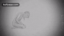 a black and white drawing of a woman crawling on the ground with feathers coming out of her mouth .