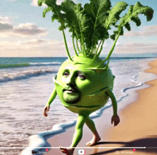 a green vegetable with a man 's face and legs is walking on a beach