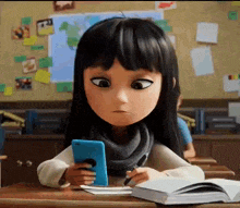 a cartoon girl is sitting at a desk with a book and a cell phone .
