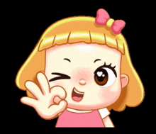 a cartoon girl with blonde hair and a pink bow on her head giving the ok sign