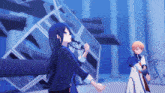 a girl with blue hair is standing next to another girl