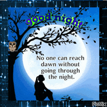 a picture of a woman sitting under a tree with a good night message