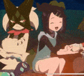 a cartoon of a girl sitting next to a monster laughing