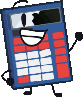 a blue and red calculator with arms and legs is smiling