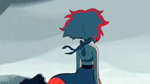 a cartoon character with red hair is sitting on a rock .