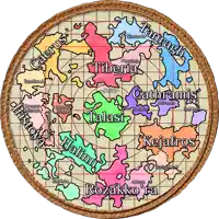 a map of a world with various colored islands and the name talasi in the center