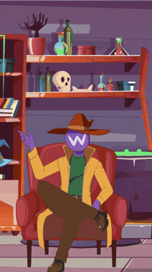 a cartoon character with a w on his head sits in a red chair