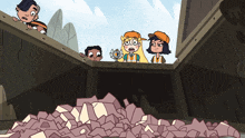 a group of cartoon characters are looking out of a hole in the ground