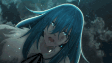 a blue haired anime character is surrounded by glowing lights