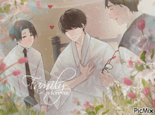 a picture of three men with the words family is forever written on it