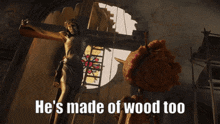 a statue of jesus on a cross with the words " why do they like him and not me " below it