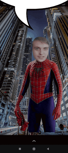 a man in a spiderman costume stands in front of a cityscape