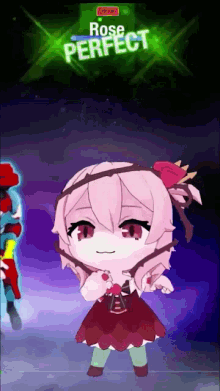 a girl in a red dress with a rose in her hair is in a video game called rose perfect
