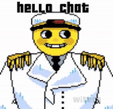 a pixel art of a yellow smiley face wearing a white coat and hat with the words hello chat below it .