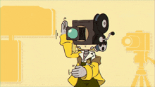 a cartoon drawing of a person with a camera on their head and the letter p in the background