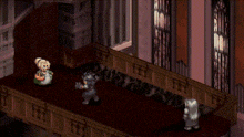 a couple of cartoon characters standing on a balcony with a red background