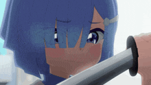 a girl with blue hair holds a sword in her hand