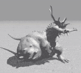 a black and white 3d model of a monster with antlers riding a bear .