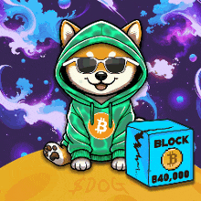 a shiba inu wearing a green hoodie and sunglasses sits next to a block of bitcoin