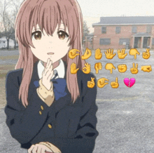 a girl in a school uniform is surrounded by various hand gestures