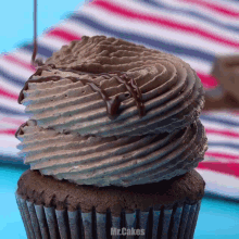 a close up of a chocolate frosted cupcake with mr.cakes written on the bottom right