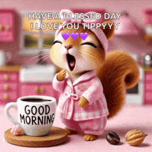 a picture of a squirrel yawning next to a cup of coffee that says good morning