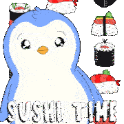 a penguin is surrounded by sushi and the words sushi time are below it
