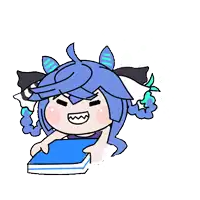 a cartoon of a girl with blue hair holding a book