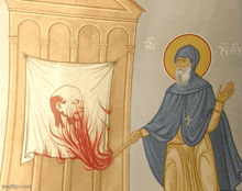 a painting of a man holding a flag with blood coming out of it and the words imgflip.com at the bottom
