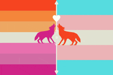 two wolves are standing next to each other on a colorful background