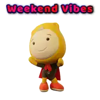 a cartoon character with the words weekend vibes written above him