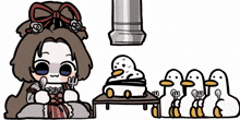 a cartoon of a girl with a fork and spoon surrounded by ducks eating food