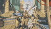 a man with a beard is holding a sword while standing next to two other people