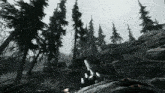 a person is holding a gun in a forest