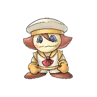 a pixel art drawing of a cartoon character wearing a white hat