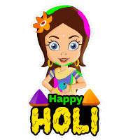 a cartoon girl with a flower in her hair and the words happy holi behind her