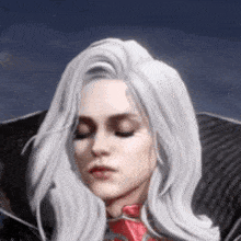 a woman with long white hair and a red tie is wearing a black jacket and a red tie .