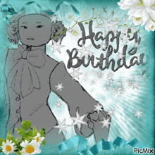 a drawing of a man with the words happy birthday written on it