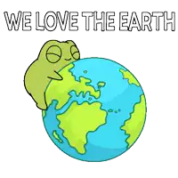 a frog is sitting on top of a globe with the words `` we love the earth '' written below it .