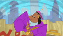a cartoon of a man in a purple robe with a pink hat