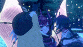 a purple and white anime character with horns