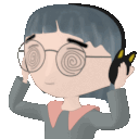 a cartoon character wearing glasses and headphones with a swirl in his eyes .